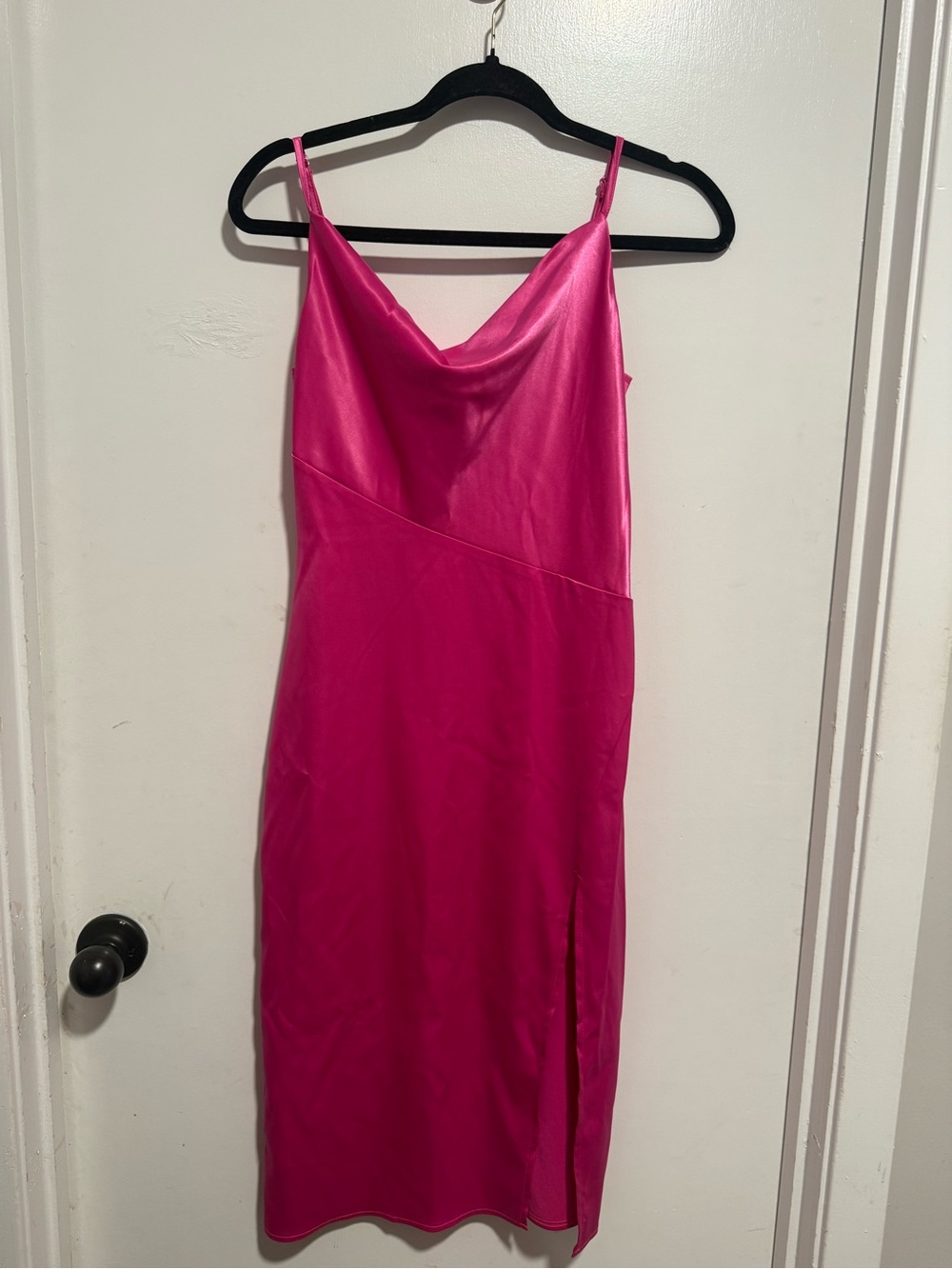 Satin Cowl Midi Slip Dress in Fuchsia